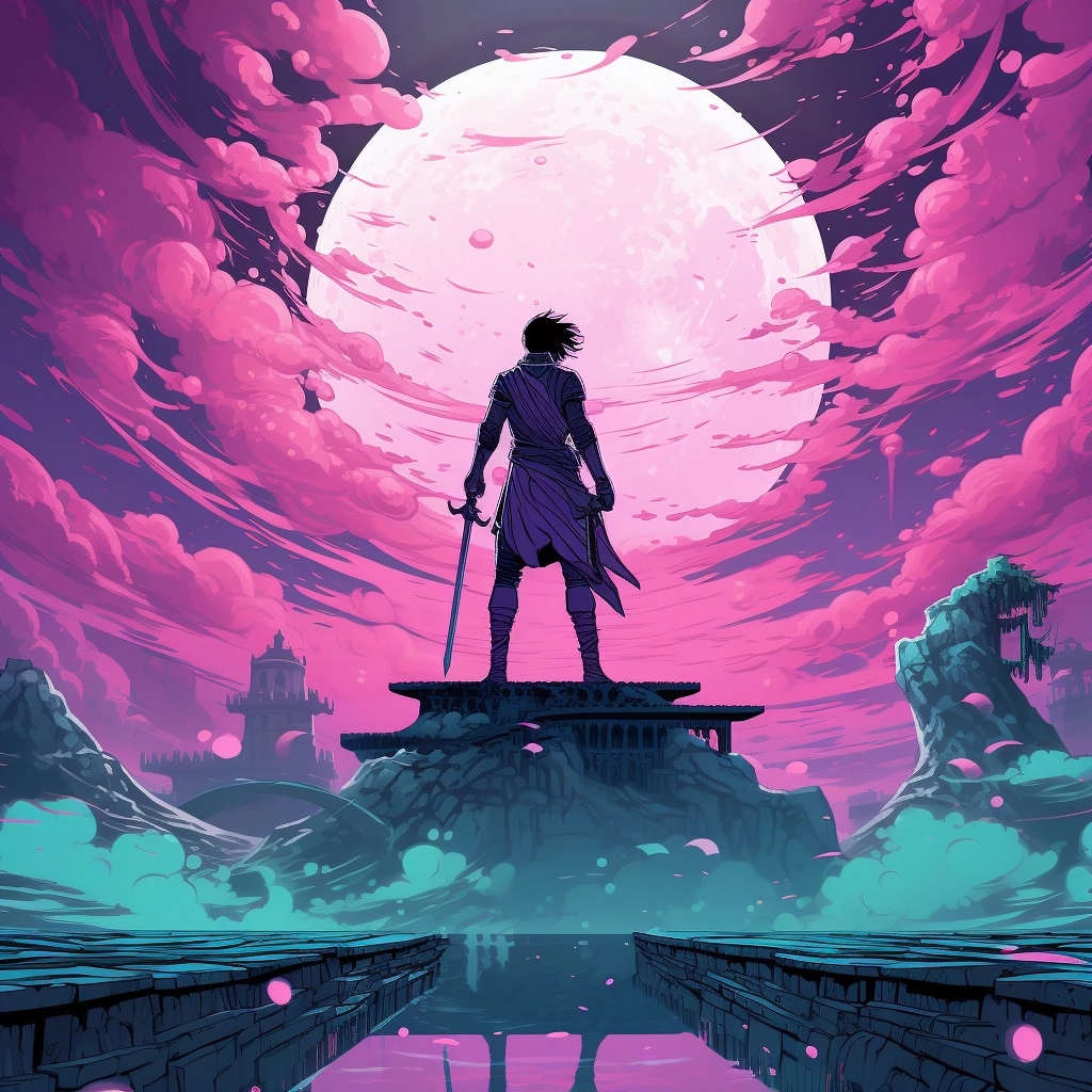 The sky is full of moon and a man is standing on a p