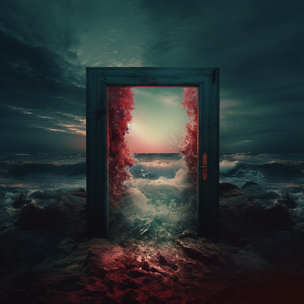 An old door opening onto the ocean in the style of s