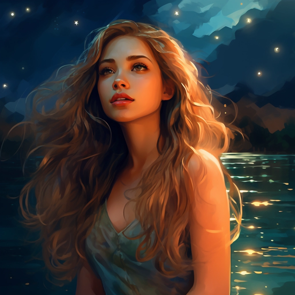 Anime girl with long hair standing near a lake with