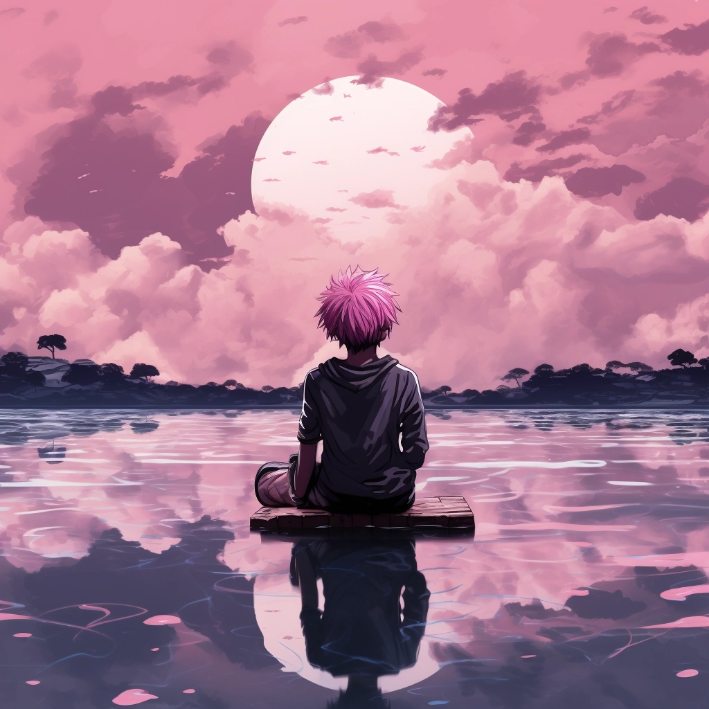 A boy with pink hair sitting in the water with the s