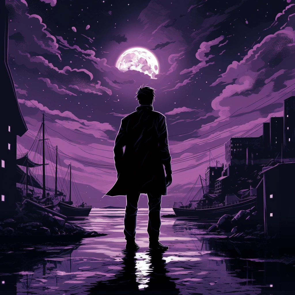 A black and white art style picture of a man by a mo