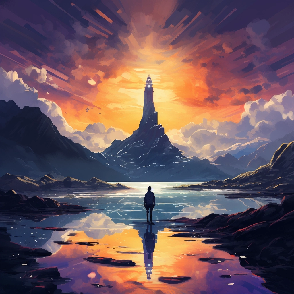 A man stands alone looking at a lighthouse with moun