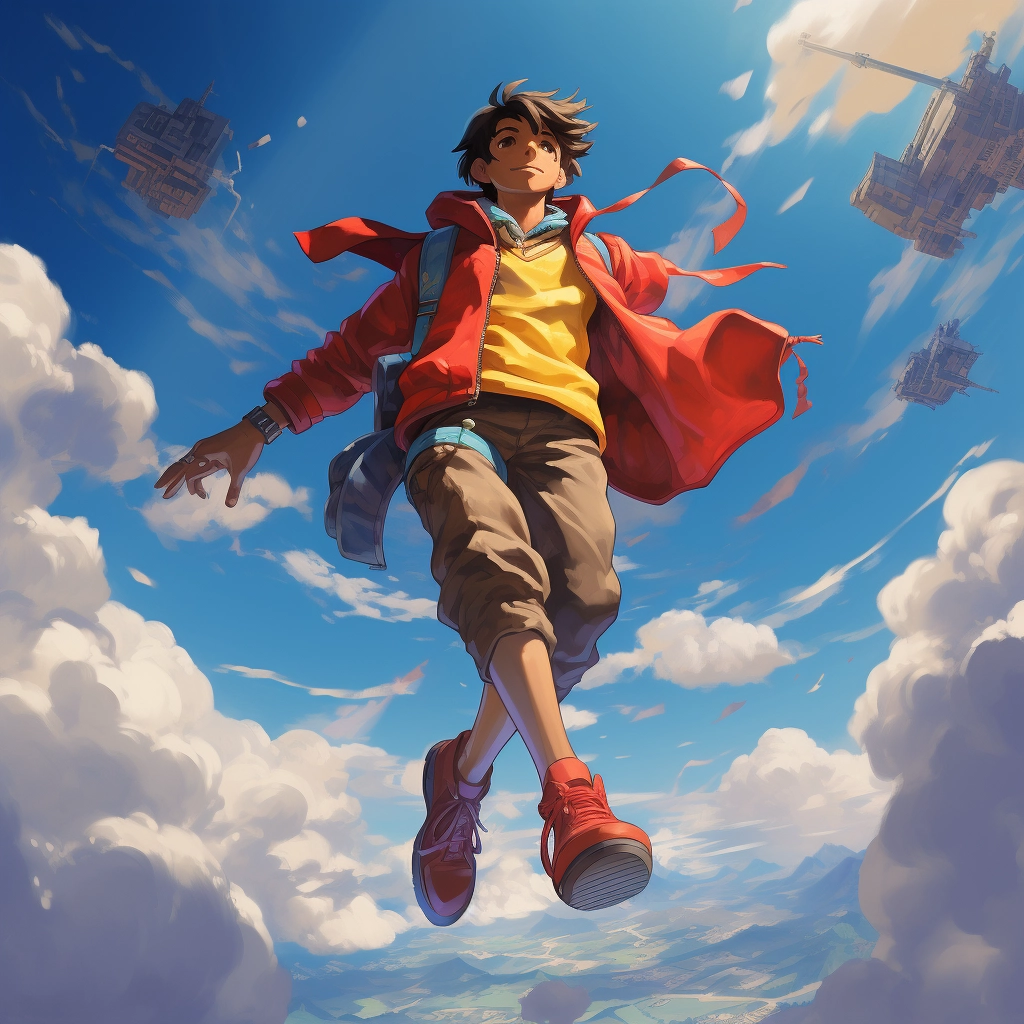 A man in a red and blue outfit in blue sky above blu