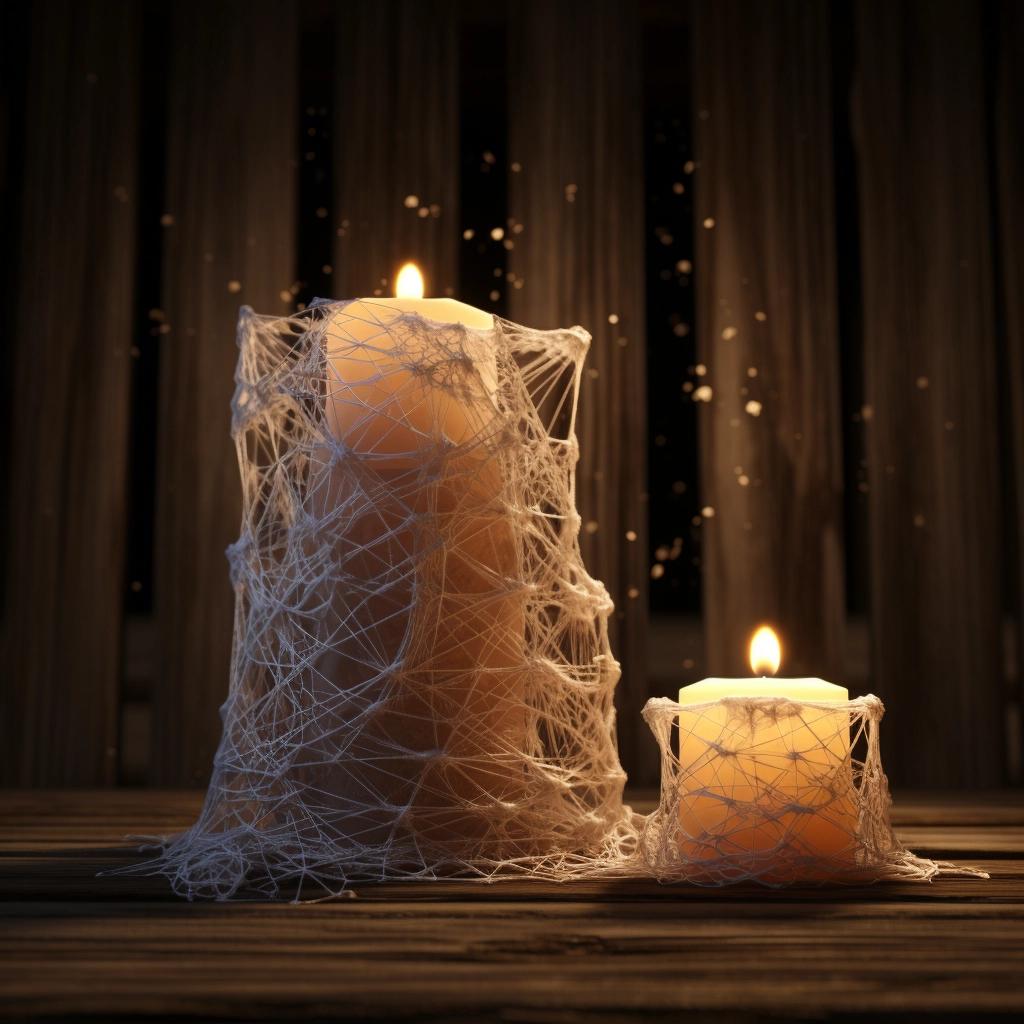 A couple of candles are sitting on some wood in the