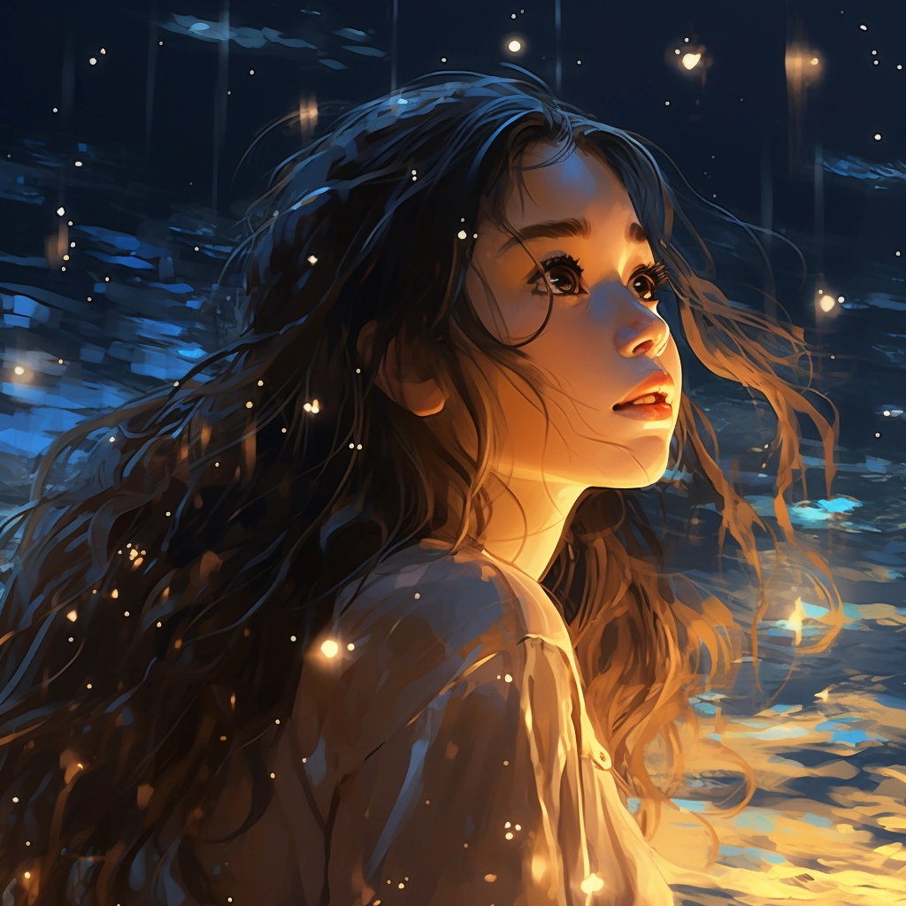 A girl looks out into the night sky in the style of