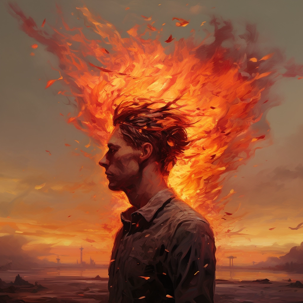 The person has a fire descending on their head in th