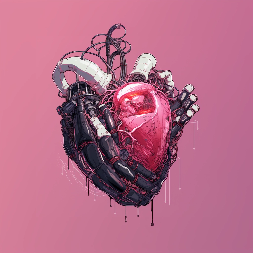 Synthetic heart being held in a robotic hand in the