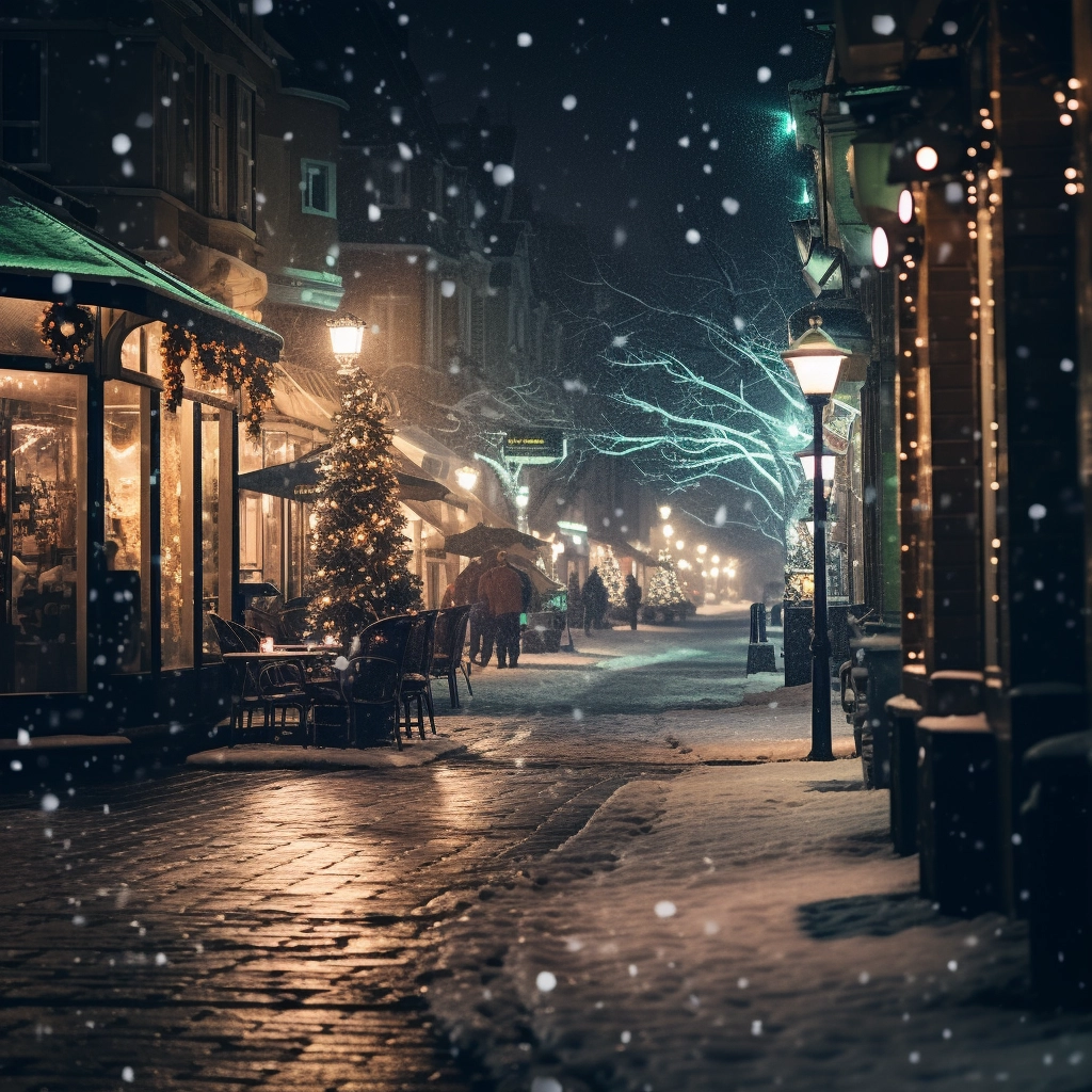 Snow covered street scene with lights in the style o