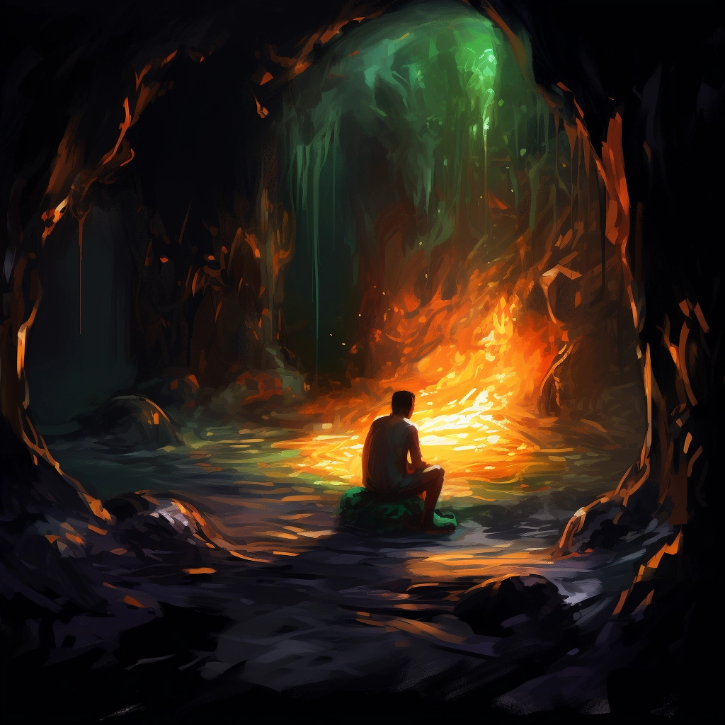 The figure is sitting in front of a cave with a torc