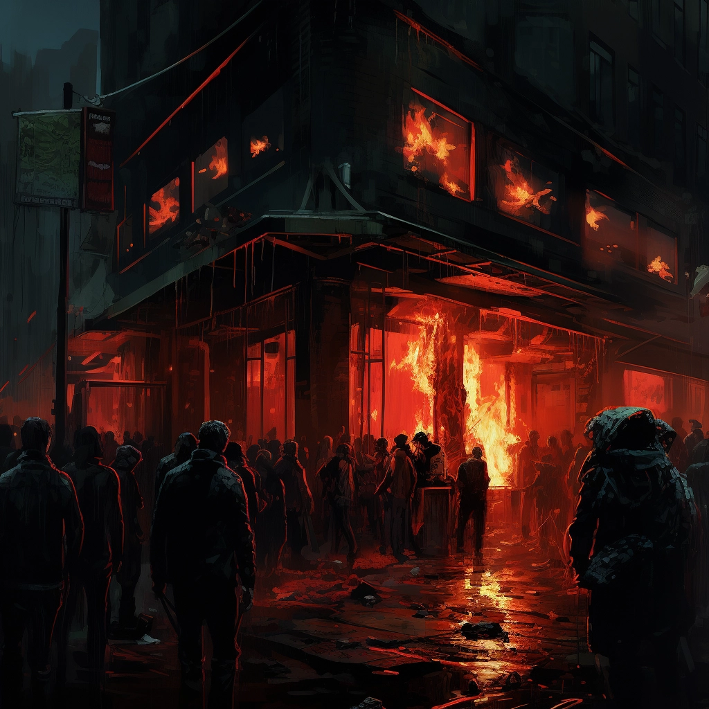 People inside of a building at night with red fire a