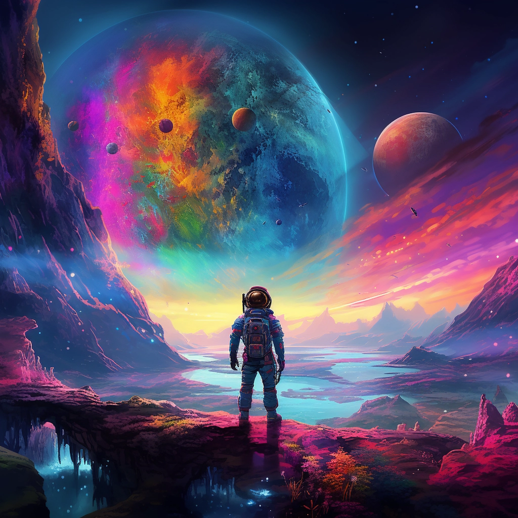 The astronaut looks out across the outer space in th