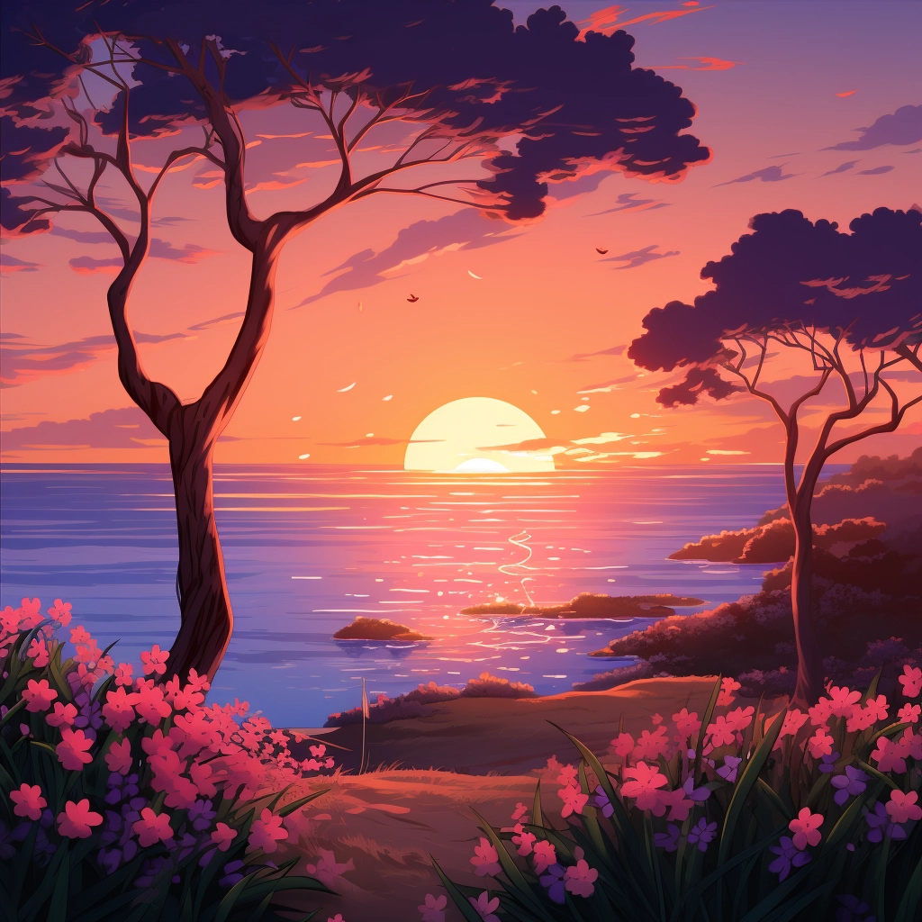 An anime sunset scene with trees and flowers in the