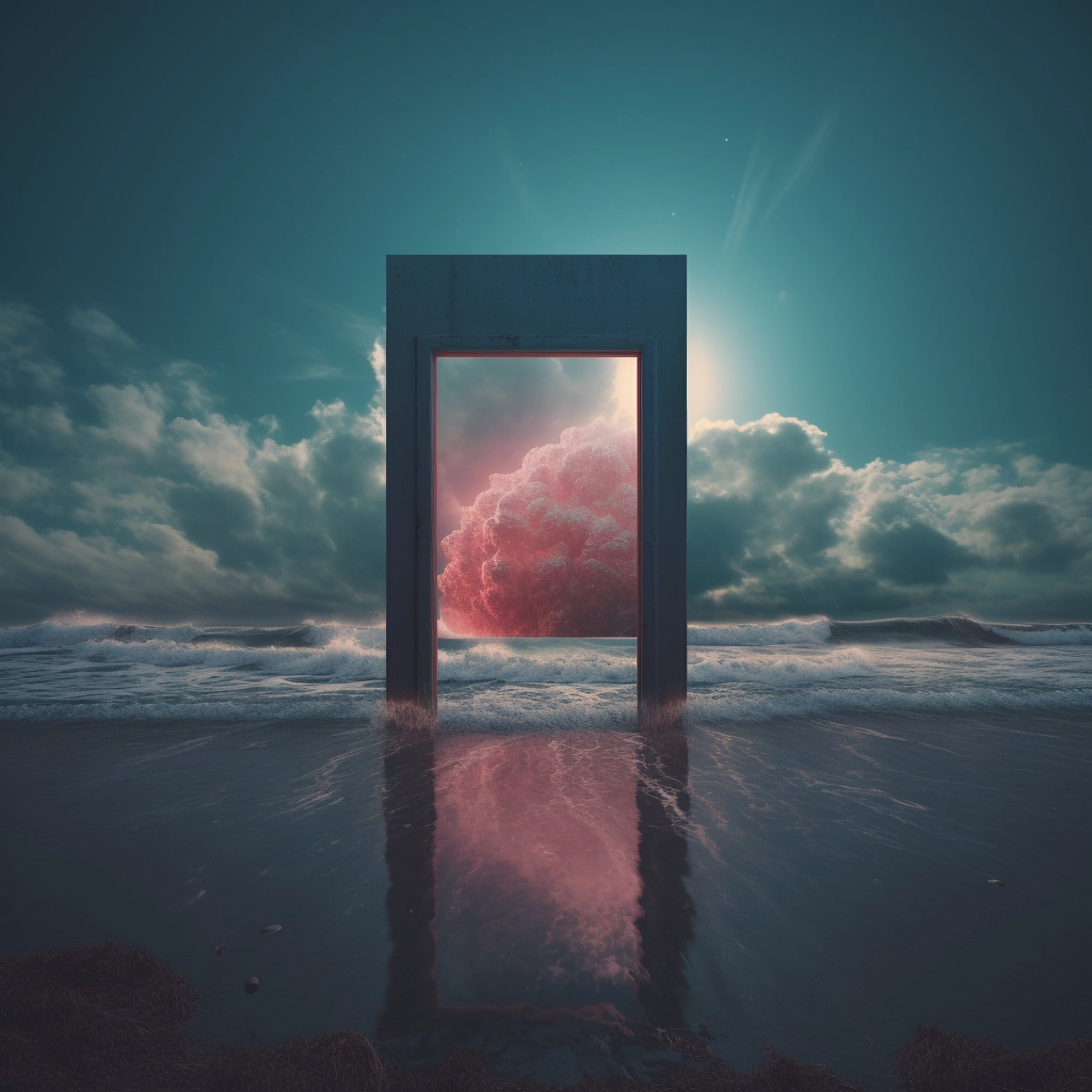 The sky and ocean with wave engulfing the door in th