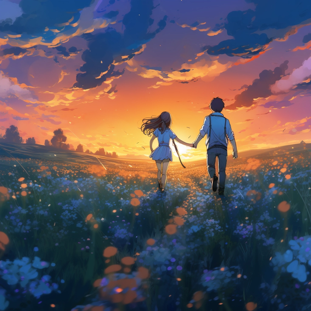 A man and woman walking through a field with flowers