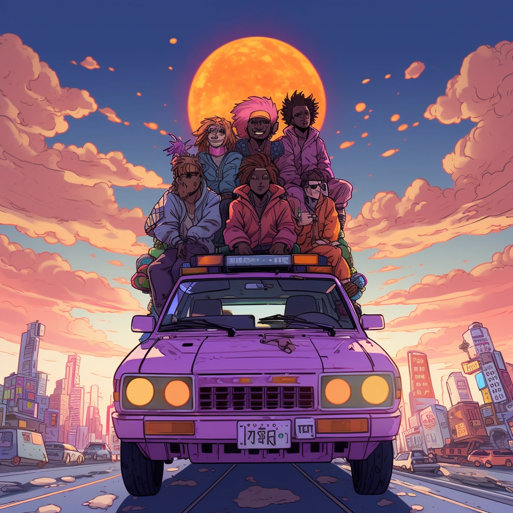 A car with people on top of it with two cars to the