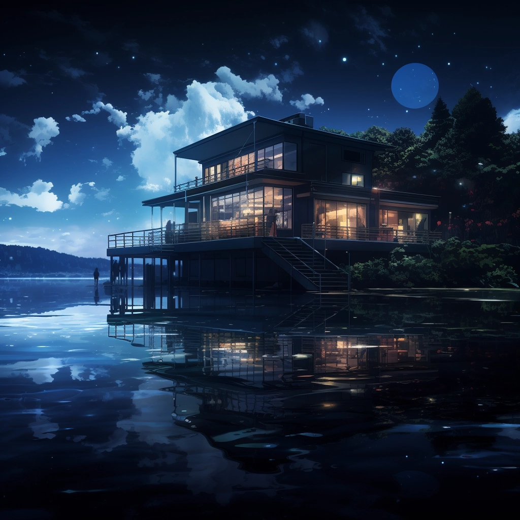 Anime lakehouse reflecting off of water HDR beautifu