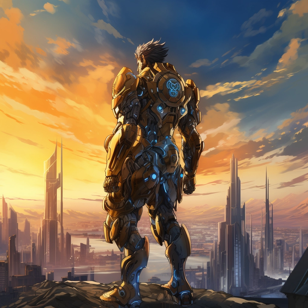 A futuristic man in armor looking at skyline with a