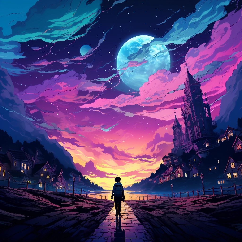 Person walking to a small town on a nightscape with
