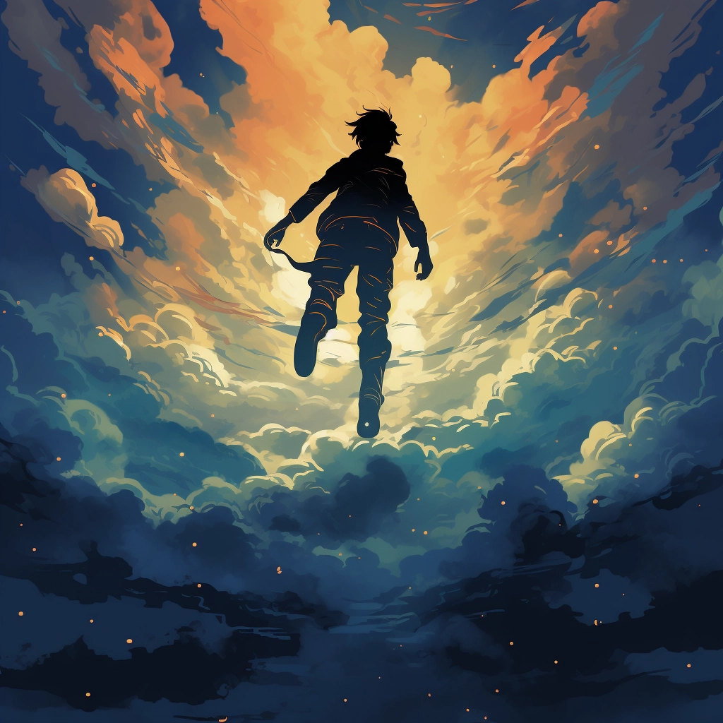 Silhouette of man flying under clouds in the style o
