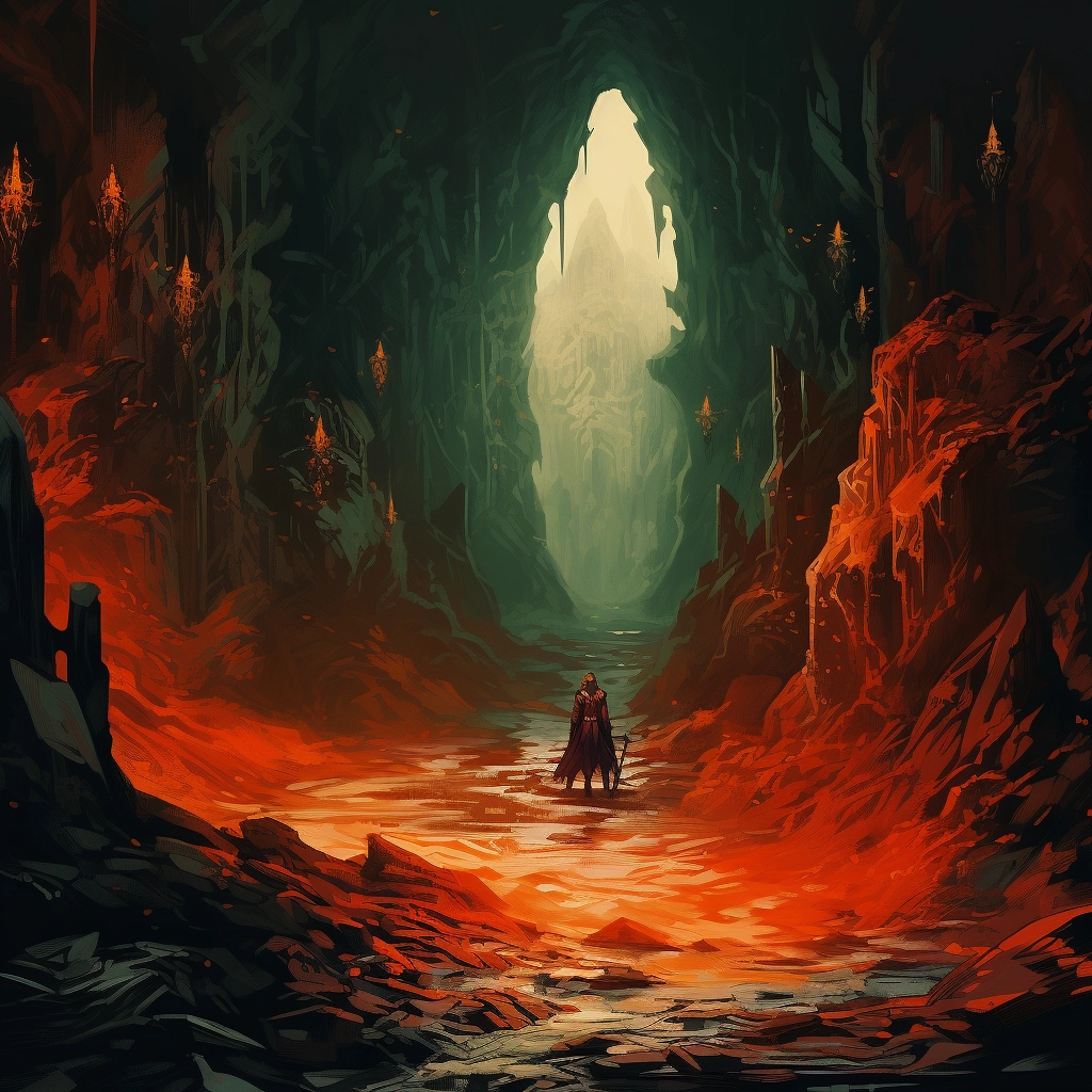 An in a cave with a knight on his shoulders in the s