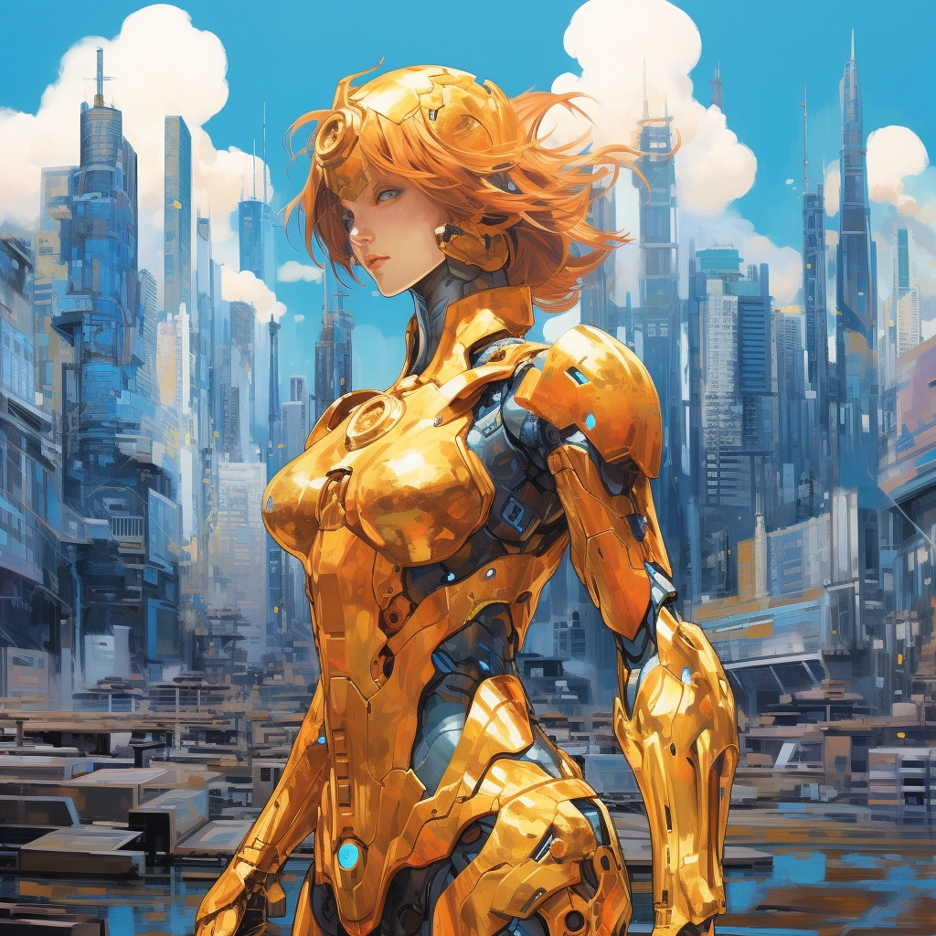 The skyline of the large futuristic city with a gold