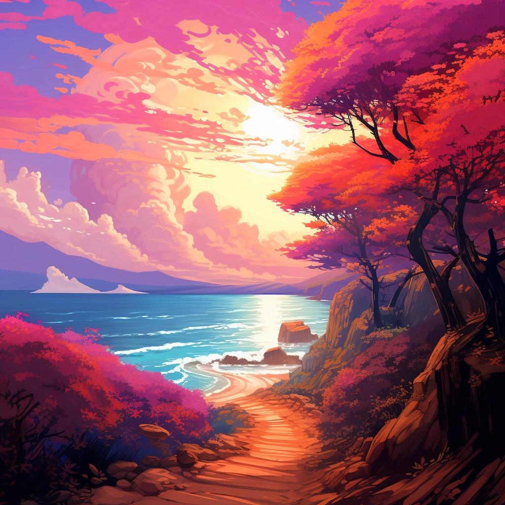 A path with trees through a landscape in the style o