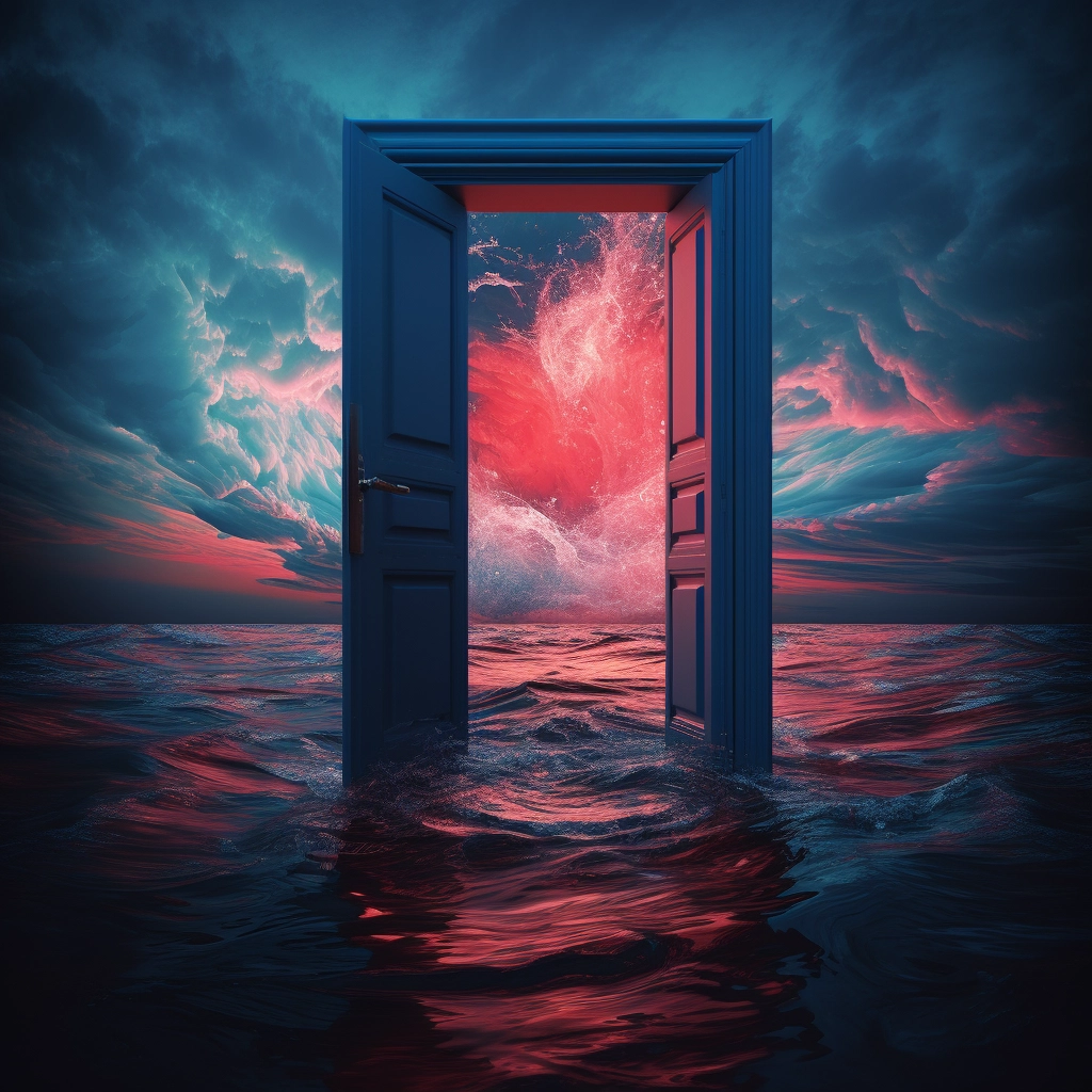 A door with a window on the water in the style of su