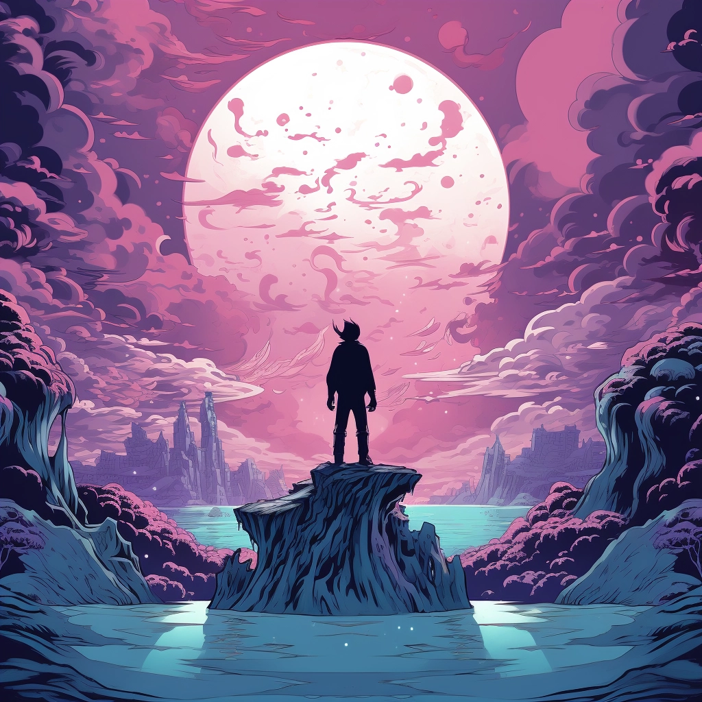 The sky is full of moon and a man is standing on a p
