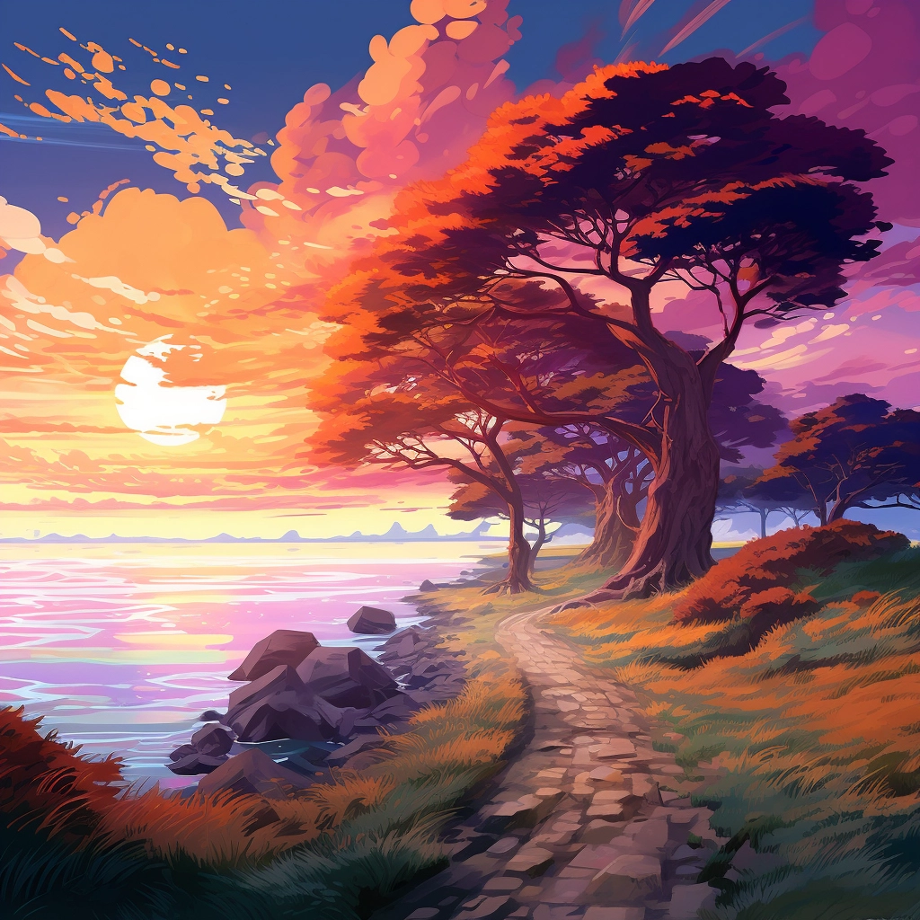 A path with trees through a landscape in the style o