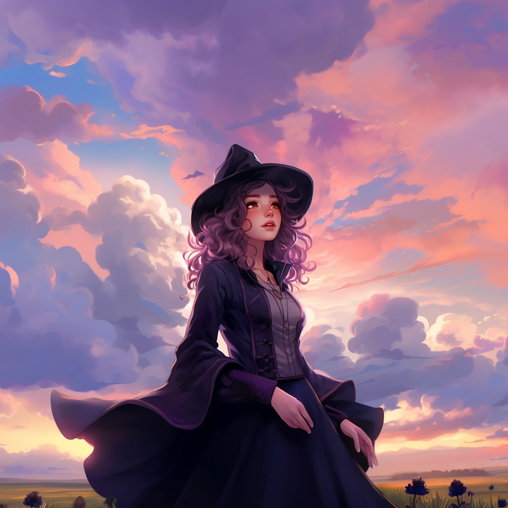 A girl wearing a black hat as sky fills with clouds