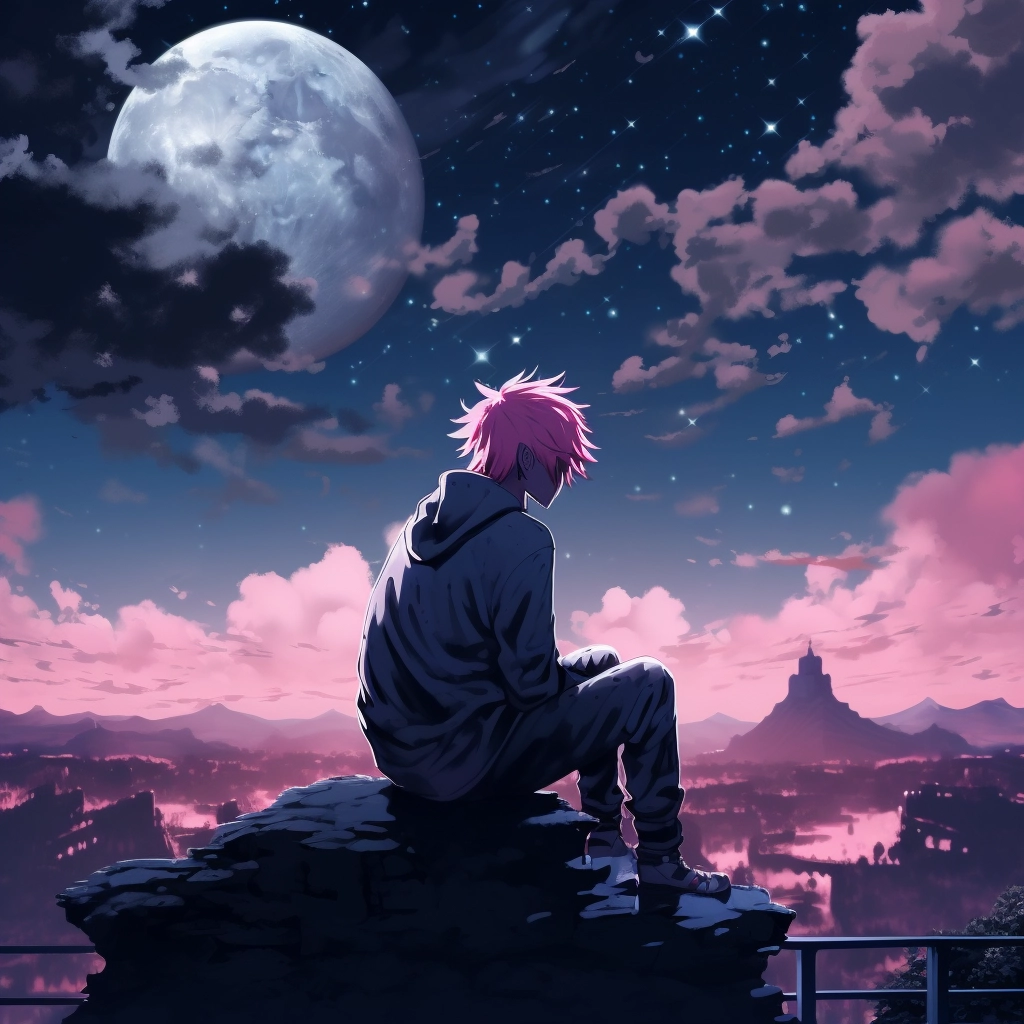 A boy sitting under the night sky with pink hair in