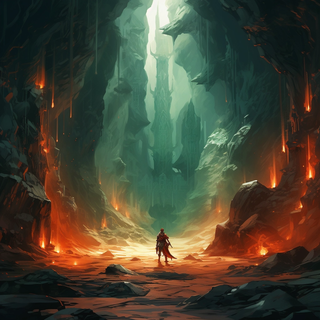 An in a cave with a knight on his shoulders in the s