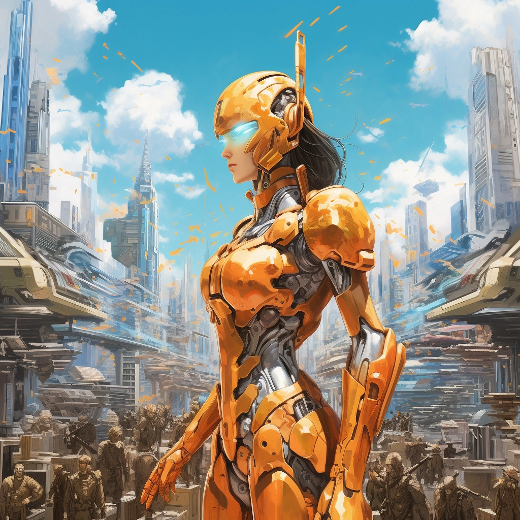 The skyline of the large futuristic city with a gold
