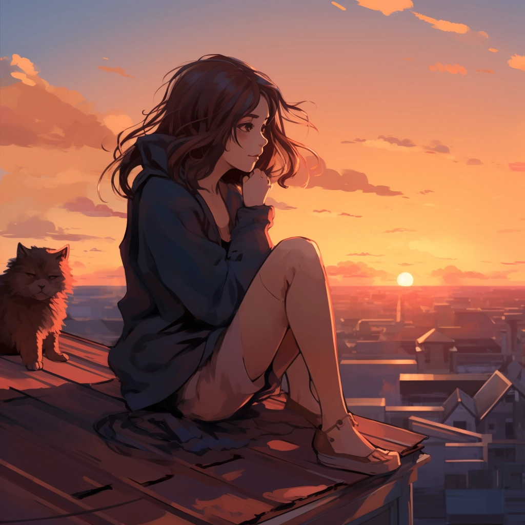 Girl sitting on the roof and watching the sunset in