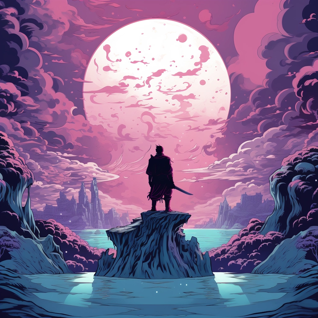 The sky is full of moon and a man is standing on a p