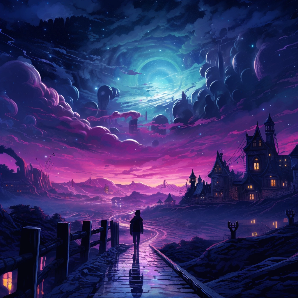 Person walking to a small town on a nightscape with