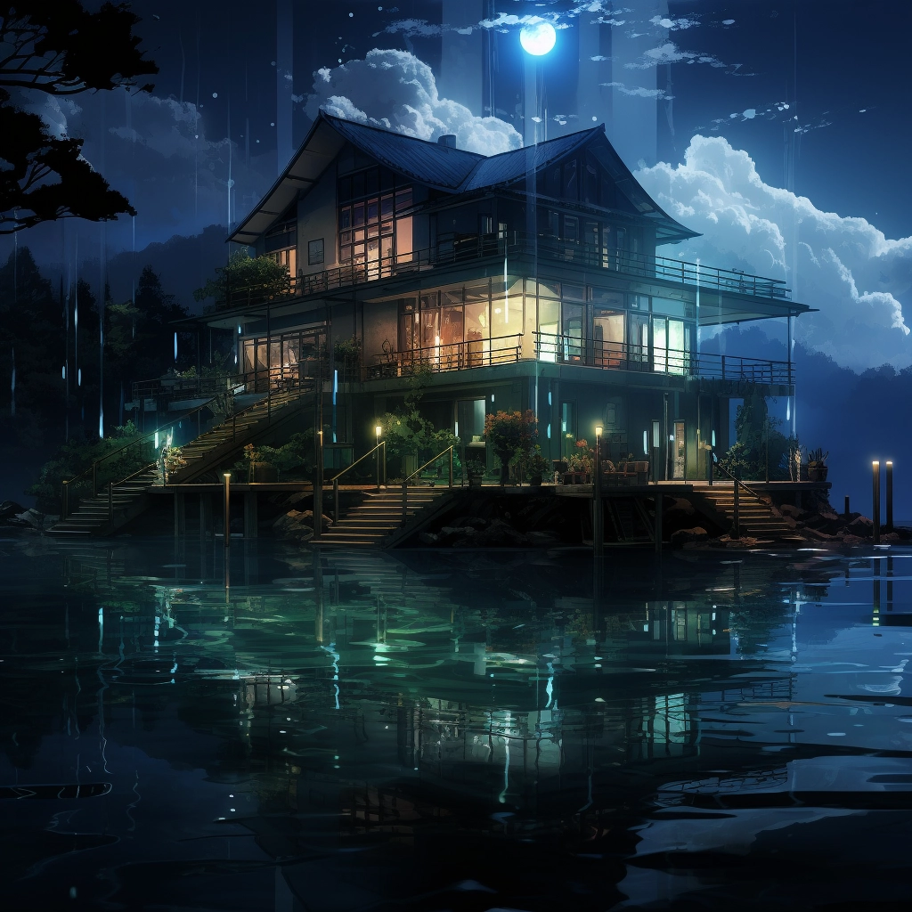 Anime lakehouse reflecting off of water HDR beautifu