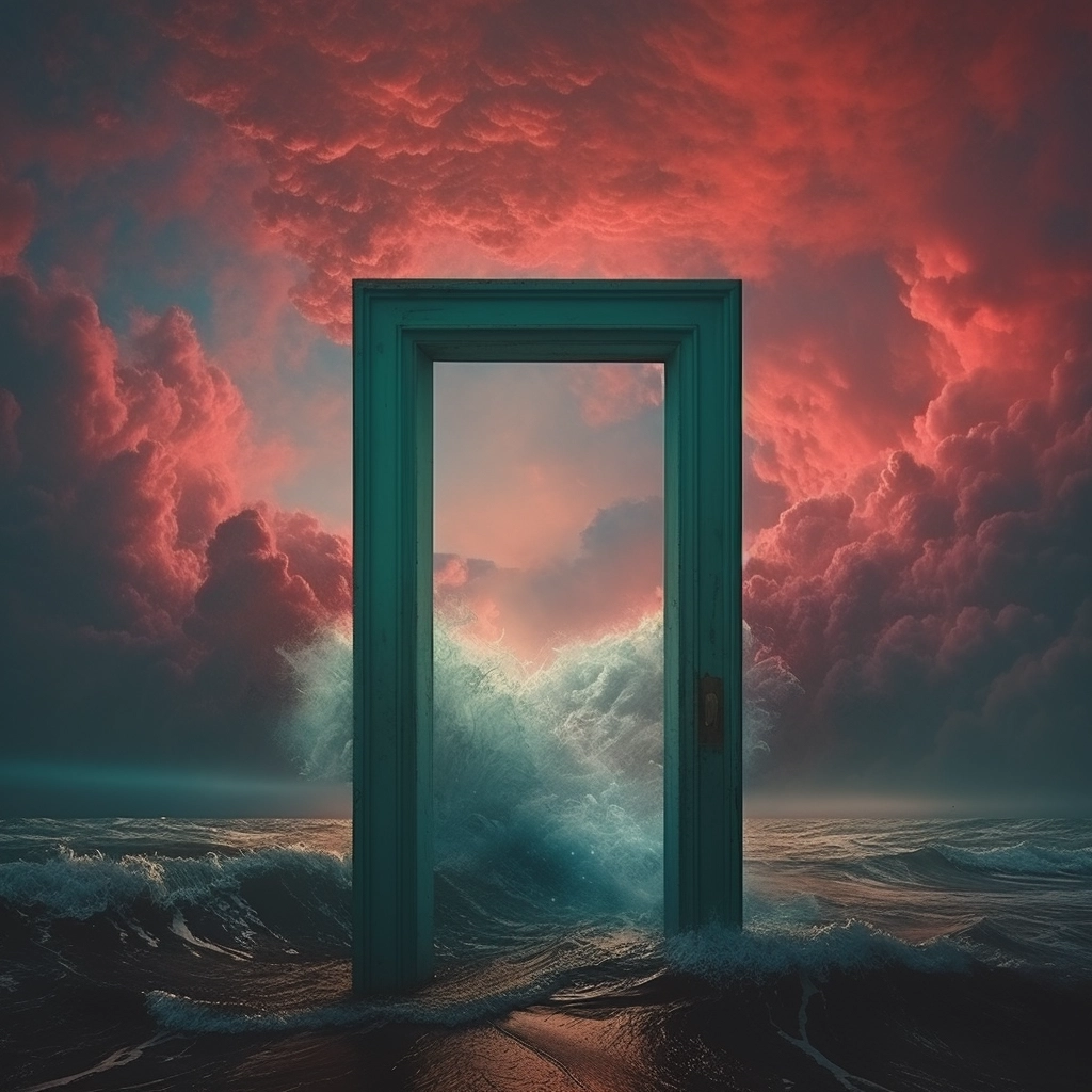 The sky and ocean with wave engulfing the door in th