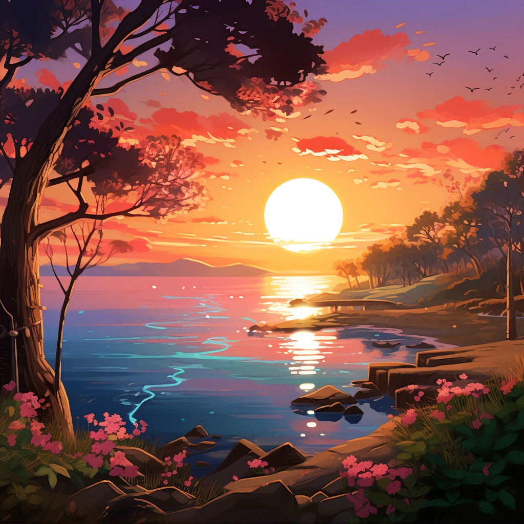 An anime sunset scene with trees and flowers in the