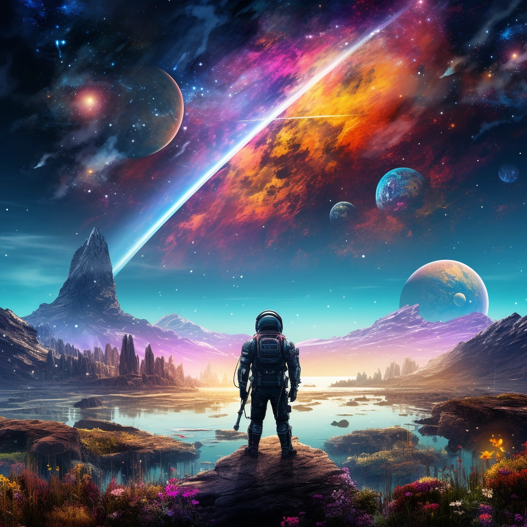 The astronaut looks out across the outer space in th
