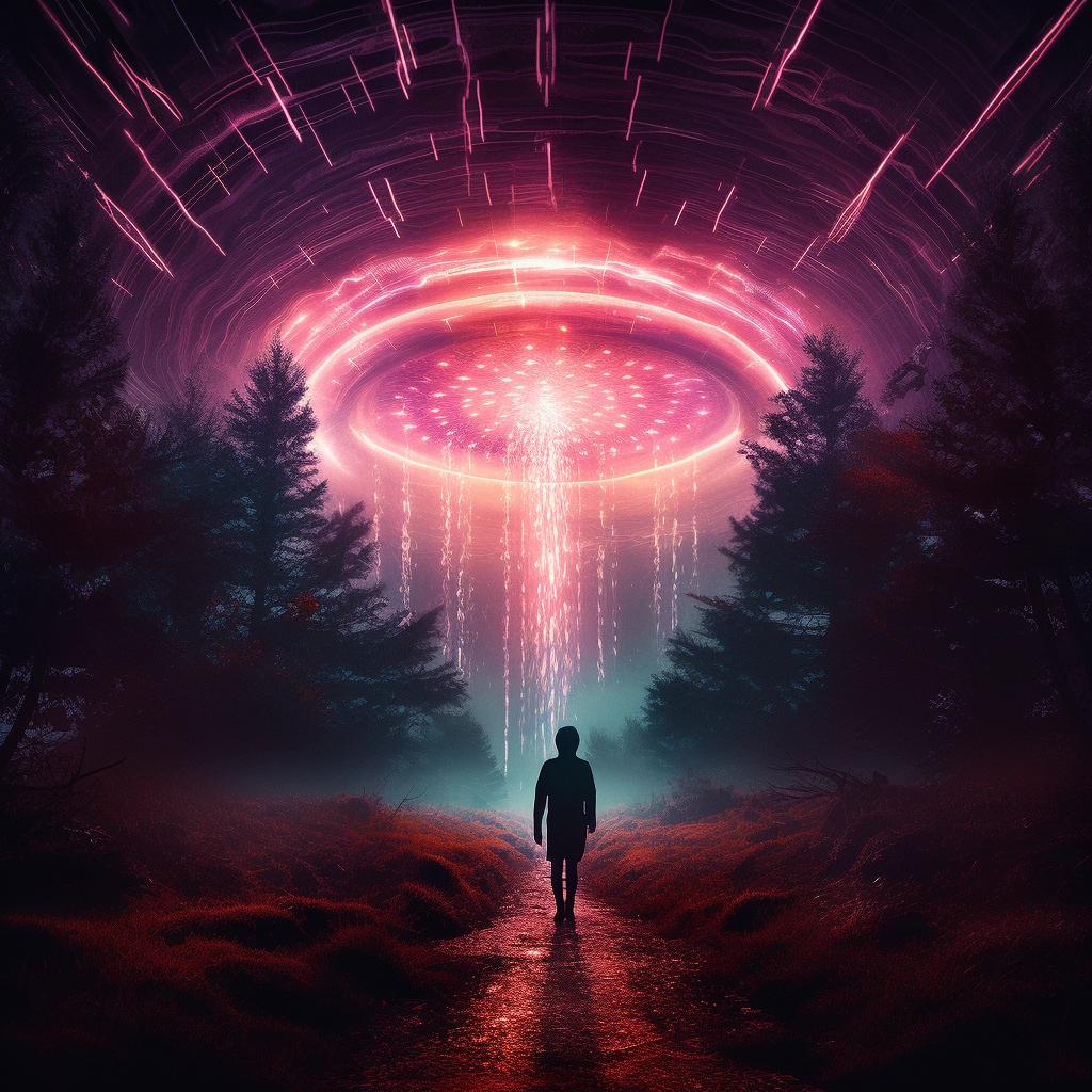 A woman walks through the woods with an alien in the