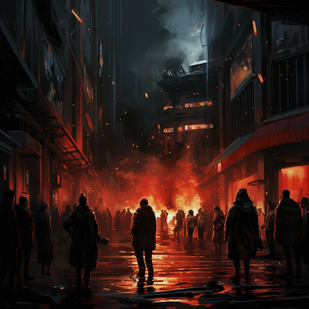 People inside of a building at night with red fire a