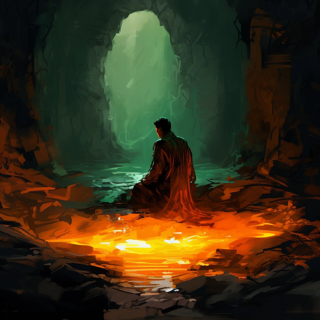 The figure is sitting in front of a cave with a torc
