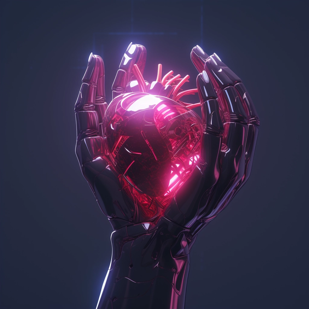 Synthetic heart being held in a robotic hand in the
