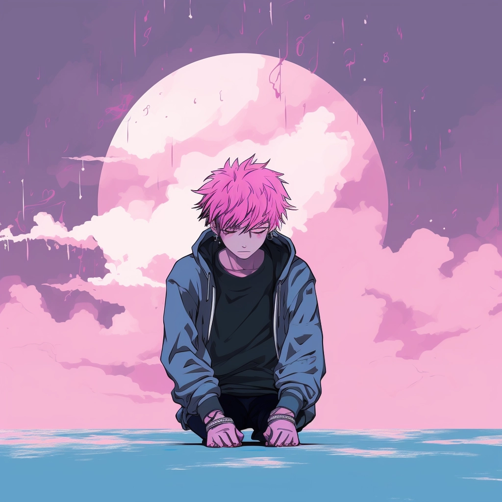 Lonely lofi anime boy with pink hair feeling sad 2D