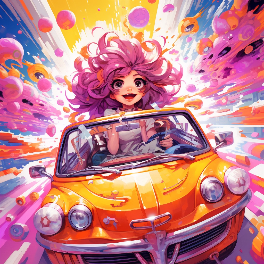 The poster for a cartoon of a car having a person in