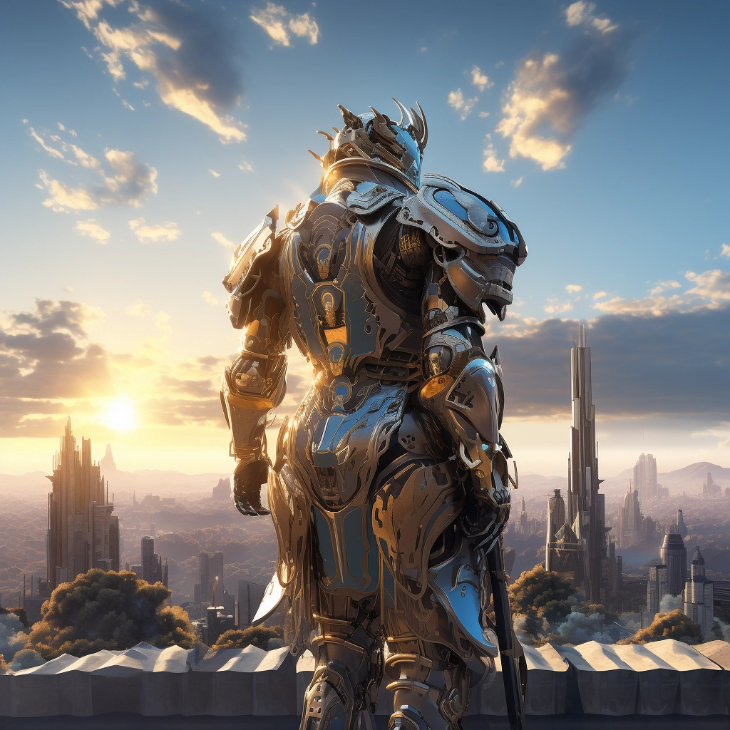 A futuristic man in armor looking at skyline with a