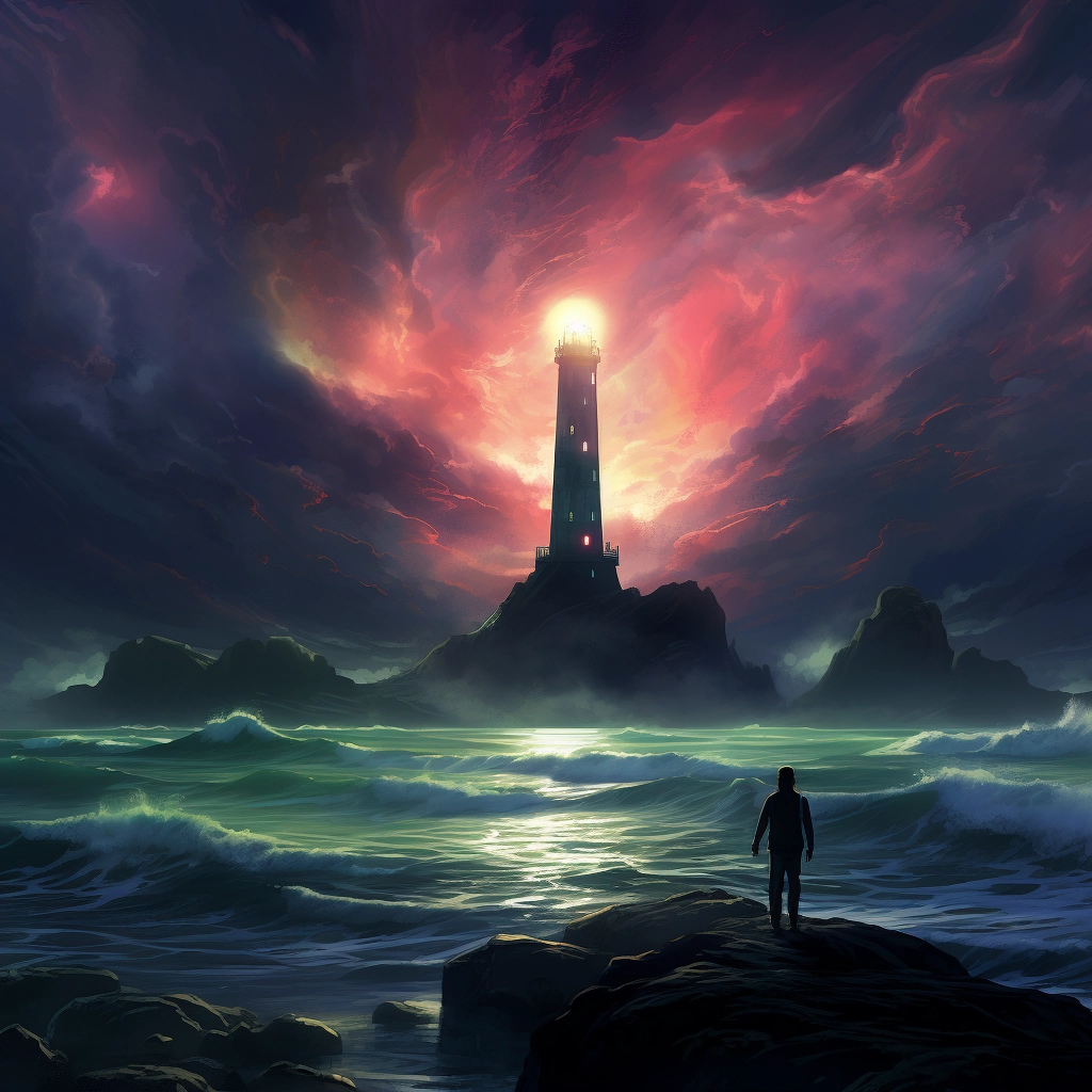 A man stands alone looking at a lighthouse with moun