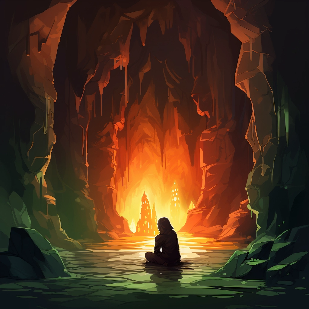 The figure is sitting in front of a cave with a torc