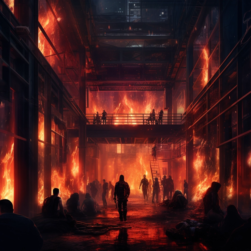People inside of a building at night with red fire a